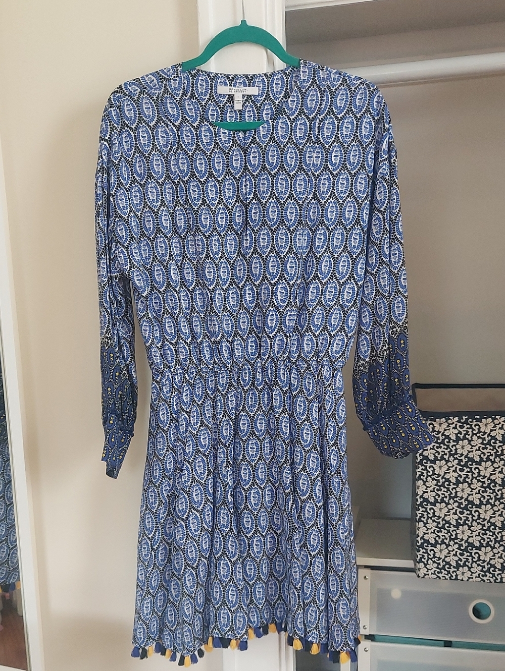 Derek Lam Blue Printed Long-Sleeve Tassel-Hem Dress